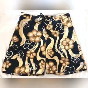 Hawaiian Board Shorts 40 Pocket Surf Trunks Beach Black Gold White